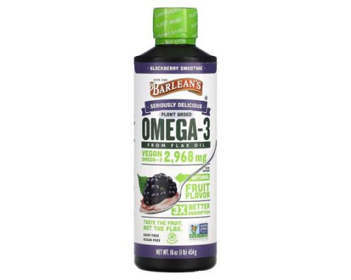 Barlean's, Seriously Delicious, Omega-3 from Flax Oil, Blackberry Smoothie, 2,968 mg, 16 oz (454 g)