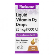 Bluebonnet Nutrition, Liquid Vitamin D3 Drops, Citrus, 25 mcg (1,000 IU), 1 fl oz (30 ml)