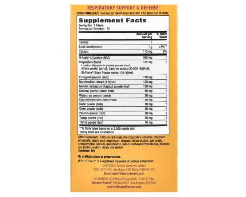 Nature's Secret, Respiratory Support & Defense, 60 Tablets