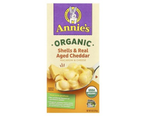 Annie's Homegrown, Organic Macaroni & Cheese, Shells & Real Aged Cheddar, 6 oz (170 g) Annie's Homegrown, Organic Macaroni & Cheese, Shells & Real Aged Cheddar, 6 oz (170 g)