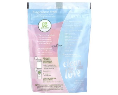 Grab Green, Delicate Laundry Detergent Pods, Fragrance Free, 24 Loads, 8.4 oz (240 g)