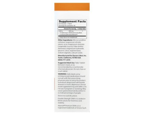 Doctor's Best, SAM-e, Double Strength, 400 mg, 60 Enteric Coated Tablets