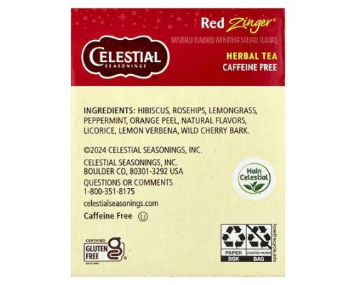 Celestial Seasonings, Herbal Tea, Red Zinger®, Caffeine Free, 20 Tea Bags, 1.7 oz (49 g)
