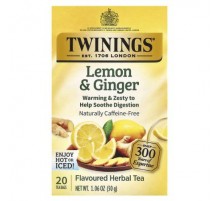 Twinings, Flavored Herbal Tea, Lemon & Ginger, Caffeine Free, 20 Tea Bags, 1.06 oz (30 g)