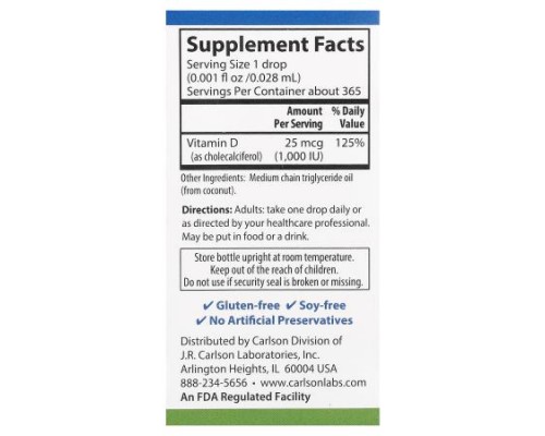 Carlson, Super Daily® D3, 25 mcg (1,000 IU), 0.35 fl oz (10.3 ml)