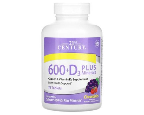 21st Century, 600 + D3 Plus Minerals, Fruit Punch, 75 Chewable Tablets 21st Century, 600 + D3 Plus Minerals, Fruit Punch, 75 Chewable Tablets