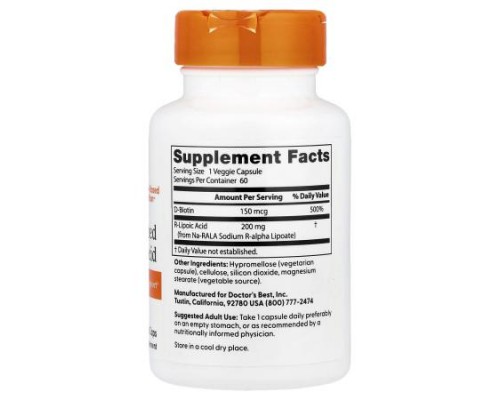 Doctor's Best, Stabilized R-Lipoic Acid , 200 mg, 60 Veggie Caps Doctor's Best, Stabilized R-Lipoic Acid , 200 mg, 60 Veggie Caps