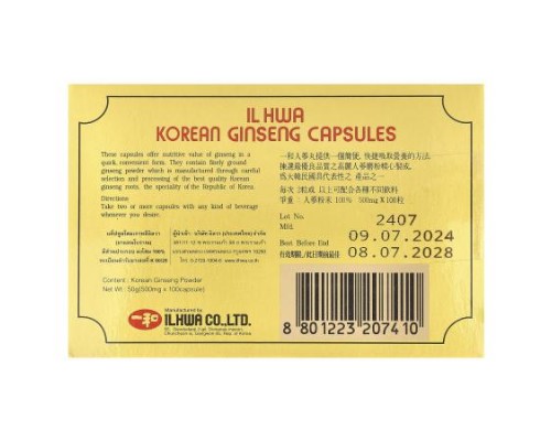 Ilhwa, Korean Ginseng, 500 mg, 100 Capsules Ilhwa, Korean Ginseng, 500 mg, 100 Capsules