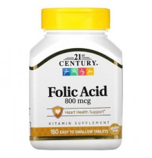 21st Century, Folic Acid, 800 mcg, 180 Easy to Swallow Tablets