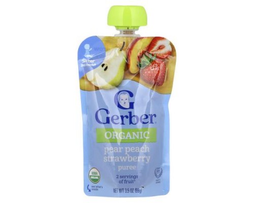 Gerber, Organic Puree, 2nd Foods®, Pear, Peach, Strawberry, 3.5 oz (99 g)