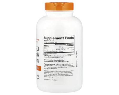 Doctor's Best, Betaine HCl, Pepsin and Gentian Bitters, 360 Capsules Doctor's Best, Betaine HCl, Pepsin and Gentian Bitters, 360 Capsules