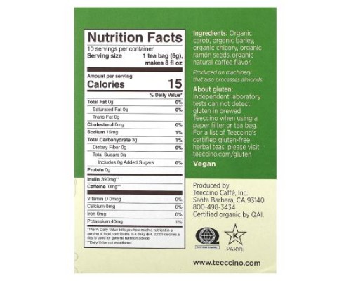 Teeccino, Organic Roasted Herbal Tea, French Roast, Caffeine Free, 10 Tea Bags, 2.12 oz (60 g)