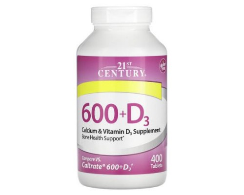 21st Century, 600+D3, Calcium & Vitamin D3 Supplement, 400 Tablets 21st Century, 600+D3, Calcium & Vitamin D3 Supplement, 400 Tablets