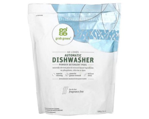 Grab Green, Automatic Dishwasher Powder Detergent Pods, Fragrance Free, 60 Loads, 2 lbs 6 oz (1,080 g) Grab Green, Automatic Dishwasher Powder Detergent Pods, Fragrance Free, 60 Loads, 2 lbs 6 oz (1,080 g)