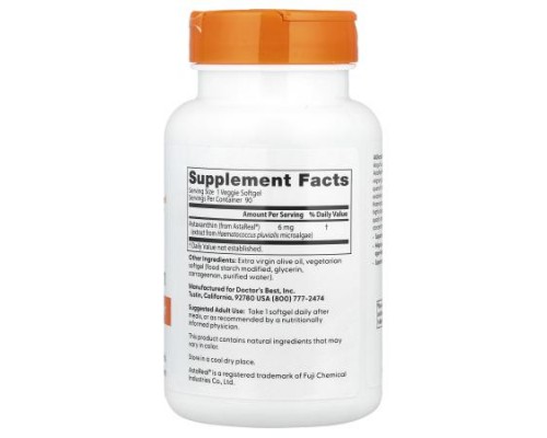 Doctor's Best, Astaxanthin, 6 mg, 90 Veggie Softgels Doctor's Best, Astaxanthin, 6 mg, 90 Veggie Softgels
