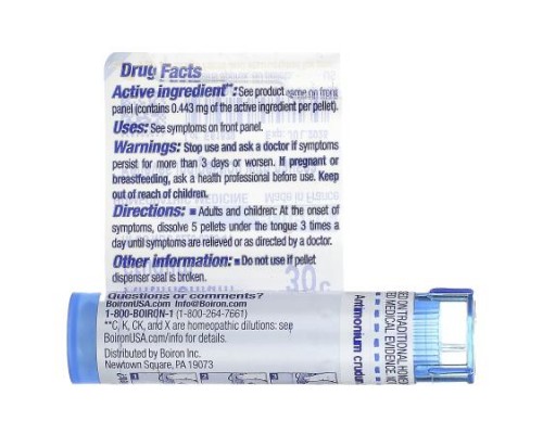 Boiron, Antimonium Crudum, 30C, Indigestion Relief, Approx. 80 Pellets Boiron, Antimonium Crudum, 30C, Indigestion Relief, Approx. 80 Pellets