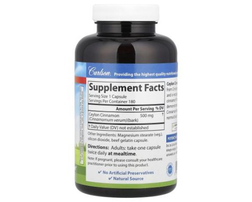 Carlson, Ceylon Cinnamon, 180 Capsules (500 mg per Capsule) Carlson, Ceylon Cinnamon, 180 Capsules (500 mg per Capsule)