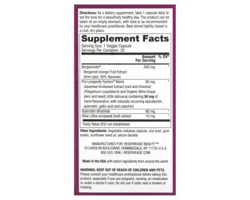 Reserveage Beauty, Bergamot Cholesterol Support, 30 Veggie Capsules