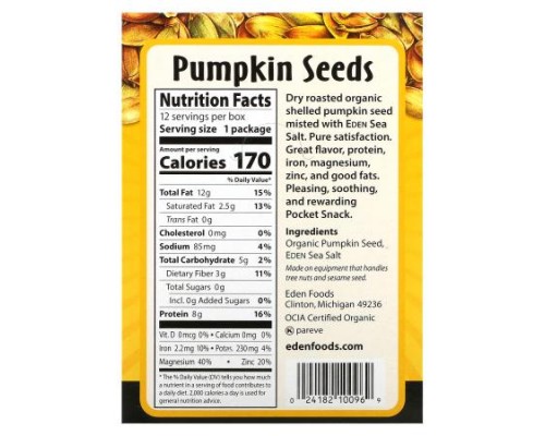 Eden Foods, Pocket Snacks, Organic Pumpkin Seeds, Dry Roasted, 12 Packages, 1 oz (28.3 g) Each Eden Foods, Pocket Snacks, Organic Pumpkin Seeds, Dry Roasted, 12 Packages, 1 oz (28.3 g) Each