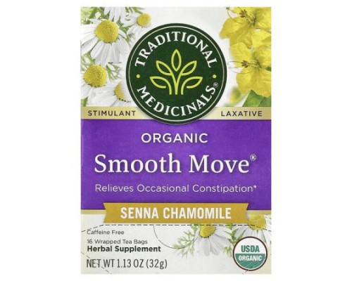 Traditional Medicinals, Organic Smooth Move®, Senna Chamomile, Caffeine Free, 16 Wrapped Tea Bags, 1.13 oz (32 g)