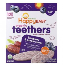Happy Family Organics, Organic Teethers, Gentle Teething Wafers, Blueberry & Purple Carrot, 12 Packs, 0.14 oz (4 g) Each