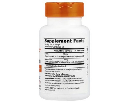 Doctor's Best, Lutein, Lutemax 2020, 60 Softgels Doctor's Best, Lutein, Lutemax 2020, 60 Softgels