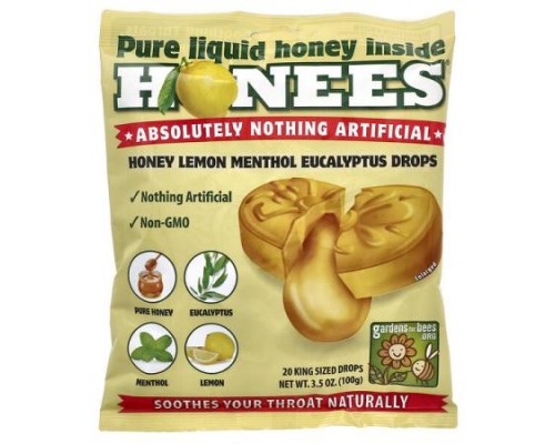 Honees, Honey Lemon Menthol Eucalyptus Cough Drops, 20 King Sized Drops, 3.5 oz (100 g)