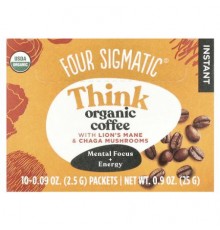 Four Sigmatic, Think, Instant Organic Coffee with Lion's Mane & Chaga Mushrooms, Medium Roast, 10 Packets, 0.09 oz (2.5 g) Each