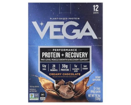 Vega, Performance, Protein + Recovery, Creamy Chocolate, 12 Packs, 1.6 oz (44 g) Each Vega, Performance, Protein + Recovery, Creamy Chocolate, 12 Packs, 1.6 oz (44 g) Each