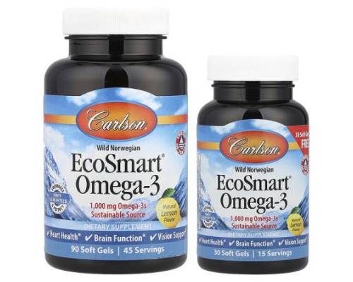Carlson, Wild Norwegian, EcoSmart® Omega-3, Natural Lemon, 120 Soft Gels Carlson, Wild Norwegian, EcoSmart® Omega-3, Natural Lemon, 120 Soft Gels