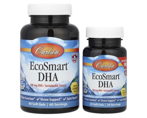 Carlson, EcoSmart® DHA, Natural Lemon, 500 mg, 60 Soft Gels + 20 Soft Gels Carlson, EcoSmart® DHA, Natural Lemon, 500 mg, 60 Soft Gels + 20 Soft Gels