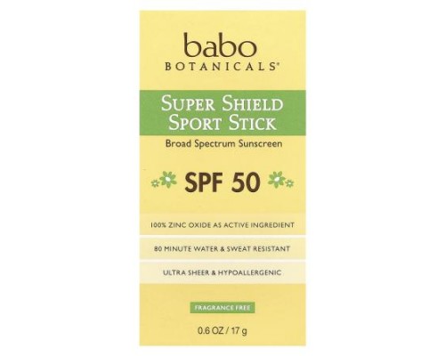 Babo Botanicals, Super Shield Sport Stick, SPF 50, Fragrance Free, 0.6 oz (17 g) Babo Botanicals, Super Shield Sport Stick, SPF 50, Fragrance Free, 0.6 oz (17 g)