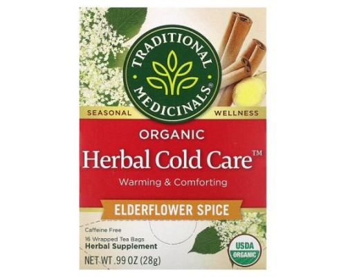 Traditional Medicinals, Organic Herbal Cold Care, Elderflower Spice, Caffeine Free, 16 Wrapped Tea Bags, 0.6 oz (1.75 g) Each Traditional Medicinals, Organic Herbal Cold Care, Elderflower Spice, Caffeine Free, 16 Wrapped Tea Bags, 0.6 oz (1.75 g) Each