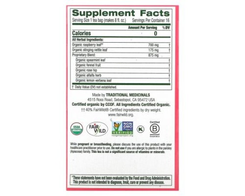 Traditional Medicinals, Organic Pregnancy Tea, Raspberry Leaf, Caffeine Free, 16 Wrapped Tea Bags, 0.99 oz (28 g)
