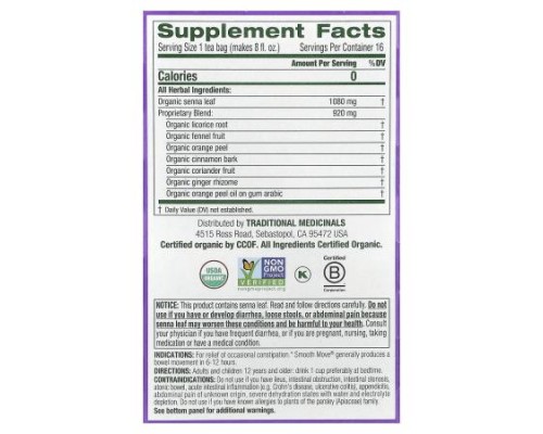 Traditional Medicinals, Organic Smooth Move®, Original with Senna, Caffeine Free, 16 Wrapped Tea Bags, 1.13 oz (32 g)