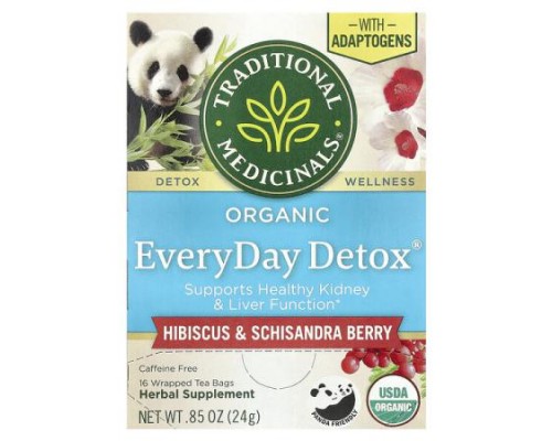 Traditional Medicinals, Organic EveryDay Detox®, Hibsicus & Schisandra Berry, Caffeine Free, 16 Wrapped Tea Bags, 0.85 oz (24 g)