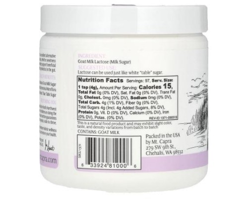 Mt. Capra, Goat Milk Lactose, 13.8 oz (391 g) Mt. Capra, Goat Milk Lactose, 13.8 oz (391 g)