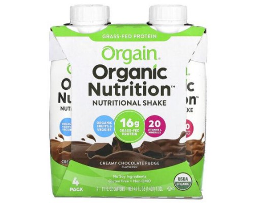 Orgain, Organic Nutrition, Nutritional  Shake, Creamy Chocolate Fudge, 4 Pack, 11 fl oz Each