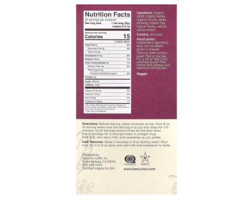 Teeccino, Roasted Herbal Tea, Vanilla Nut, Caffeine Free, 25 Tea Bags, 5.3 oz (150 g)
