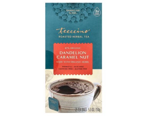 Teeccino, Roasted Herbal Tea, Dandelion Caramel Nut, Caffeine Free, 25 Tea Bags, 5.3 oz (150 g)