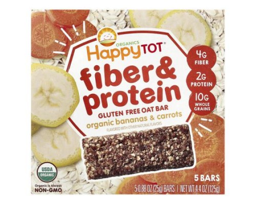 Happy Family Organics, Organics HappyTot®, Fiber & Protein Oat Bar, Organic Bananas & Carrots, 5 Bars, 0.88 oz (25 g) Each