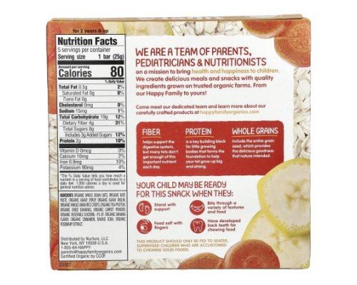 Happy Family Organics, Organics HappyTot®, Fiber & Protein Oat Bar, Organic Bananas & Carrots, 5 Bars, 0.88 oz (25 g) Each