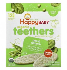 Happy Family Organics, Organic Teethers , Gentle Teething Wafers, Pea & Spinach, 12 Packs, 0.14 oz (4 g) Each
