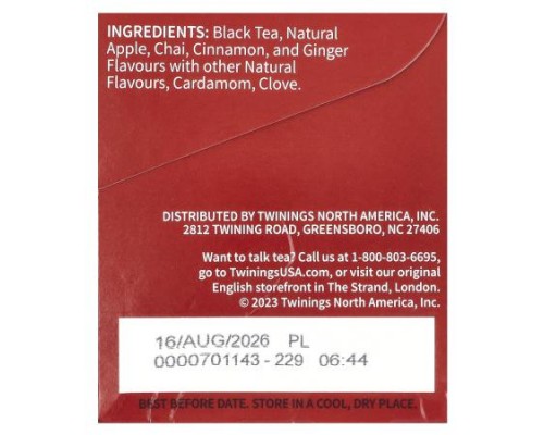 Twinings, Flavored Black Tea, Chai, Spiced Apple, 20 Tea Bags, 1.41 oz (40 g) Twinings, Flavored Black Tea, Chai, Spiced Apple, 20 Tea Bags, 1.41 oz (40 g)