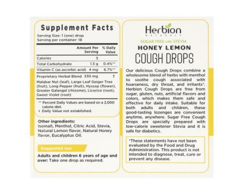Herbion Naturals, Naturals, Cough Drops, Sugar Free, Honey Lemon, 18 Drops Herbion Naturals, Naturals, Cough Drops, Sugar Free, Honey Lemon, 18 Drops