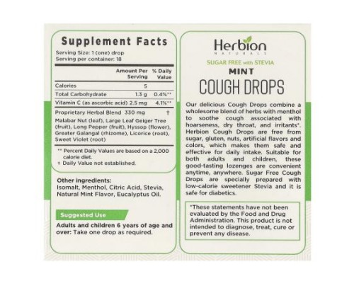 Herbion Naturals, Cough Drops, Sugar Free, Mint, 18 Drops Herbion Naturals, Cough Drops, Sugar Free, Mint, 18 Drops