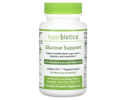 Hyperbiotics, Glucose Support, with Banaba Extract and Vitamin D3, 5 Billion CFU, 60 Patented, Time-Release Tablets