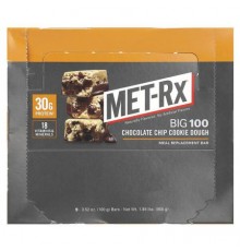 MET-Rx, Big 100, Meal Replacement Bar, Chocolate Chip Cookie Dough, 9 Bars, 3.52 oz (100 g) Each