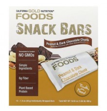 California Gold Nutrition, Foods, Peanut & Dark Chocolate Chunk Bars with Dry Roasted Almonds, Chicory Root Fiber, Pea Crisps and Honey, 12 Bars, 1.4 oz (40 g) Each