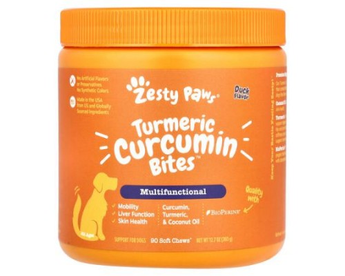 Zesty Paws, Turmeric Curcumin Bites™ for Dogs, Multifunctional, All Ages, Duck, 90 Soft Chews, 12.7 oz (360 g)